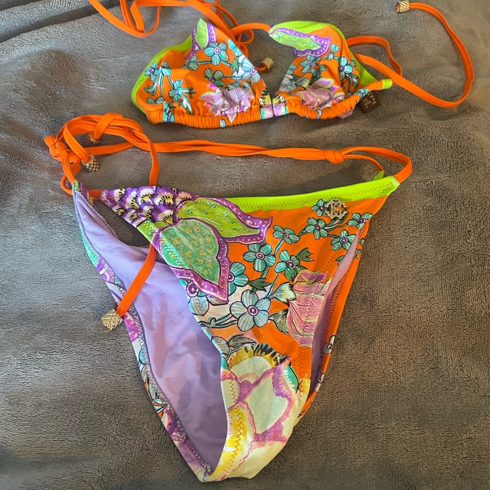 Roberto Cavalli Orange and Purple Floral Bikini